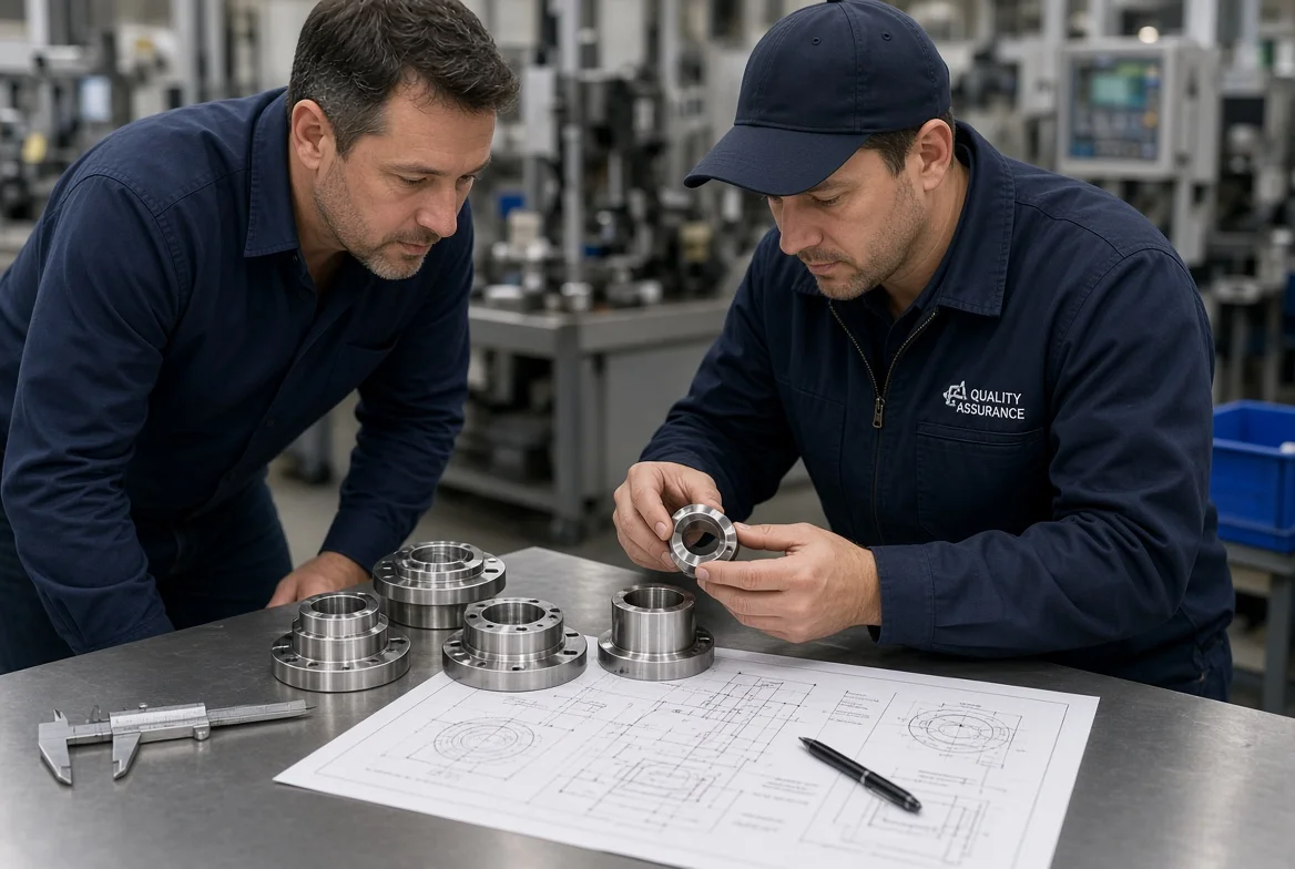 Procurement engineer inspecting precision sample parts with technical drawings Procurement engineer and factory technician inspecting machined metal sample parts on workbench with calipers and technical drawings during supplier technical capability evaluation
