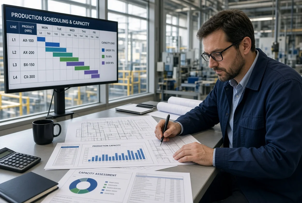 Supply chain professional reviewing production capacity charts and facility layouts Supply chain professional analyzing production capacity charts, scheduling boards and facility layout drawings for supplier capacity and scalability assessment