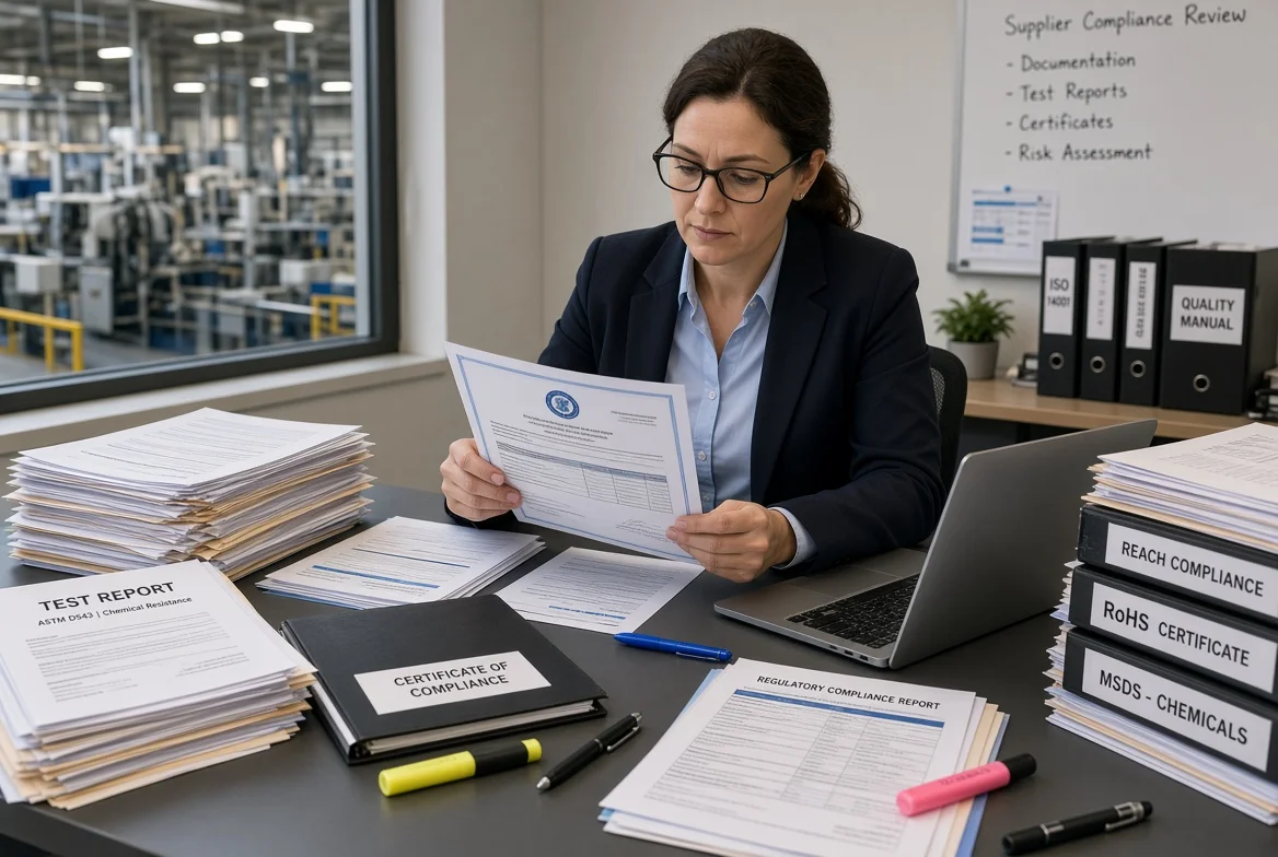 Procurement professional verifying compliance certificates and test reports Procurement professional reviewing official compliance certificates, regulatory test reports and documentation during supplier compliance evaluation