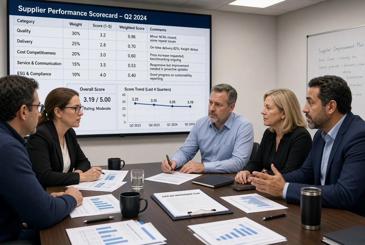 Procurement team discussing supplier performance data and improvement plans Procurement team reviewing supplier scorecards and performance data while discussing improvement plans in a professional meeting for relationship and communication evaluation