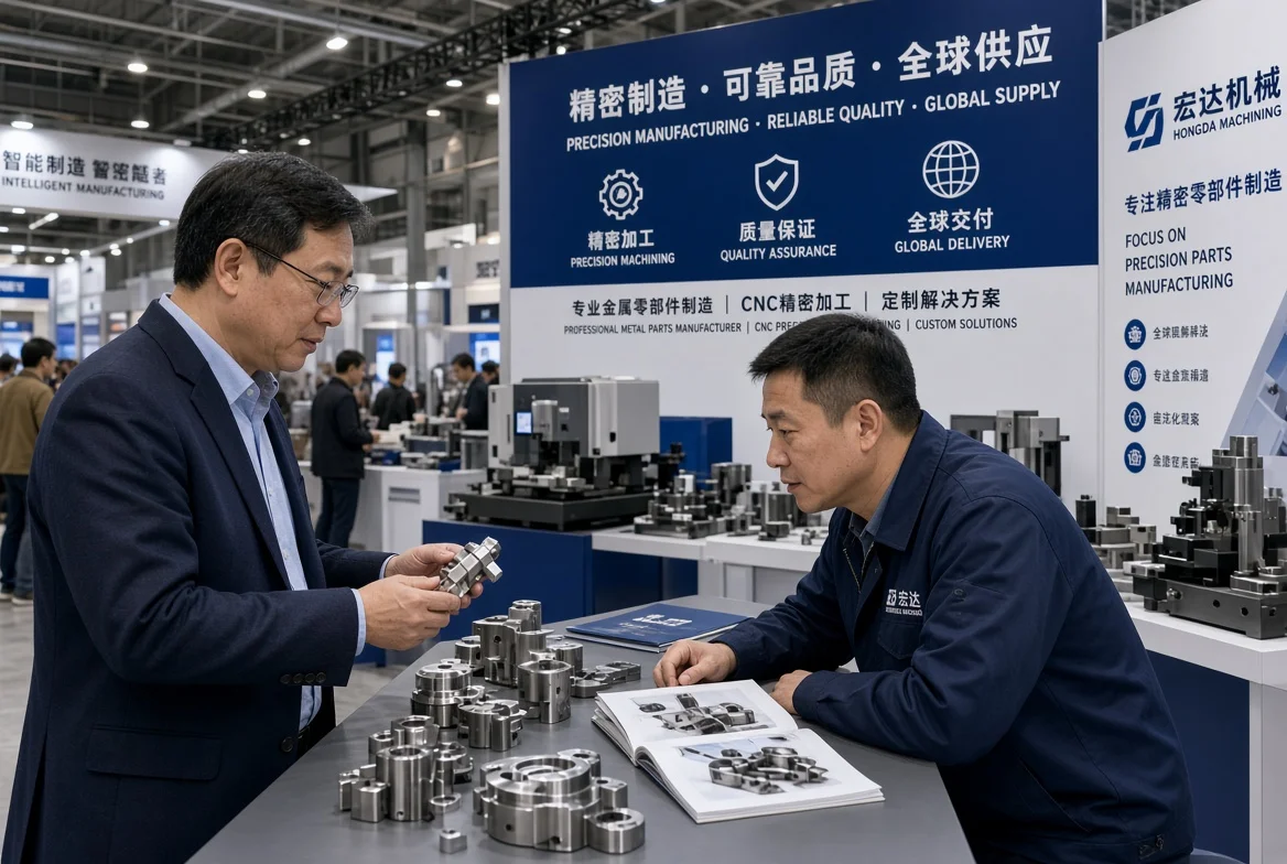 Professional B2B discussion at a China manufacturing exhibition booth where a global buyer examines CNC-machined metal parts and catalogs with a factory engineer under realistic industrial lighting