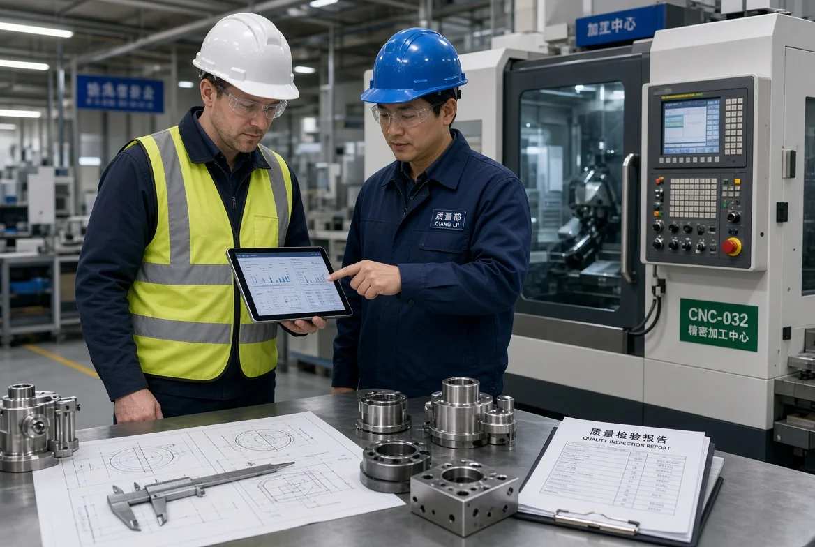 Western procurement professional and Chinese quality engineer reviewing production data on a tablet beside CNC machines, technical drawings, calipers, and quality inspection reports on a Chinese factory floor