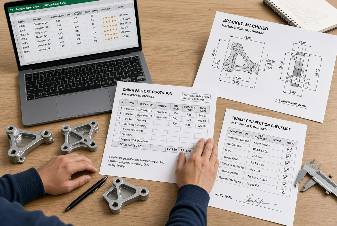 Overhead professional desk view showing China supplier comparison spreadsheet on laptop, printed factory quotations, technical drawings of machined brackets, physical metal samples, quality inspection checklist and calipers used by a sourcing manager verifying reliable manufacturers in China