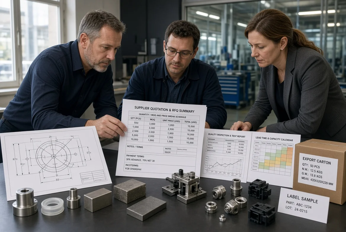 Photoreal industrial photo of a manufacturing quotation worksheet on a factory meeting table, surrounded by technical drawings, raw materials, tooling inserts, quality inspection documents, volume and MOQ notes, packaging samples, and a production capacity calendar.
