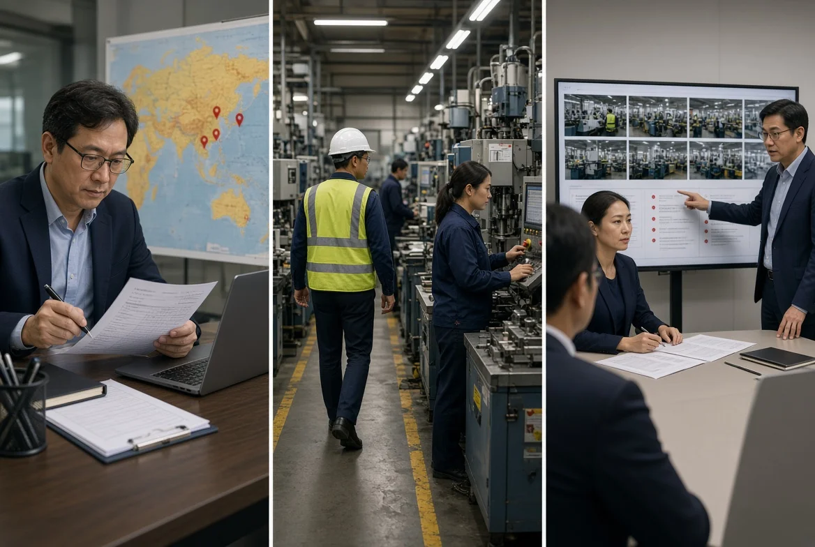 Photorealistic sequence showing planning documents, on-site shop-floor audit, and report review during a professional manufacturing factory audit