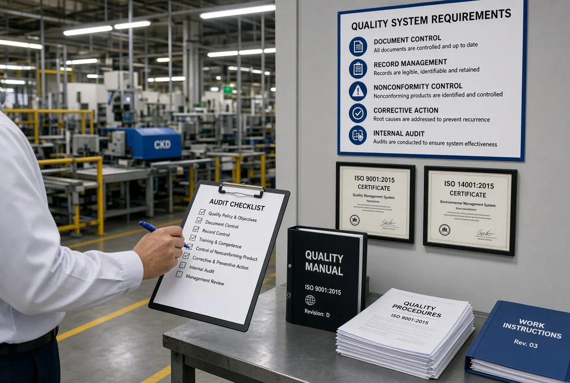 Auditor holding quality system audit checklist beside ISO certificates and quality manuals on a factory table during supplier audit
