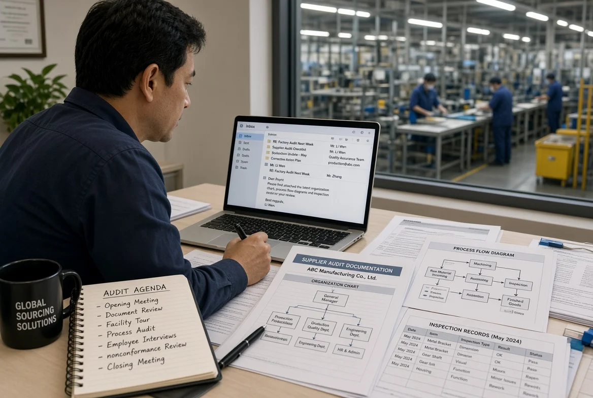 Procurement professional reviewing supplier organization charts, process flows, and inspection records before an on-site manufacturing audit