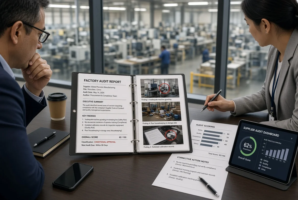 Procurement team examining detailed factory audit report with nonconformance photos, scores, and corrective action notes against factory floor background