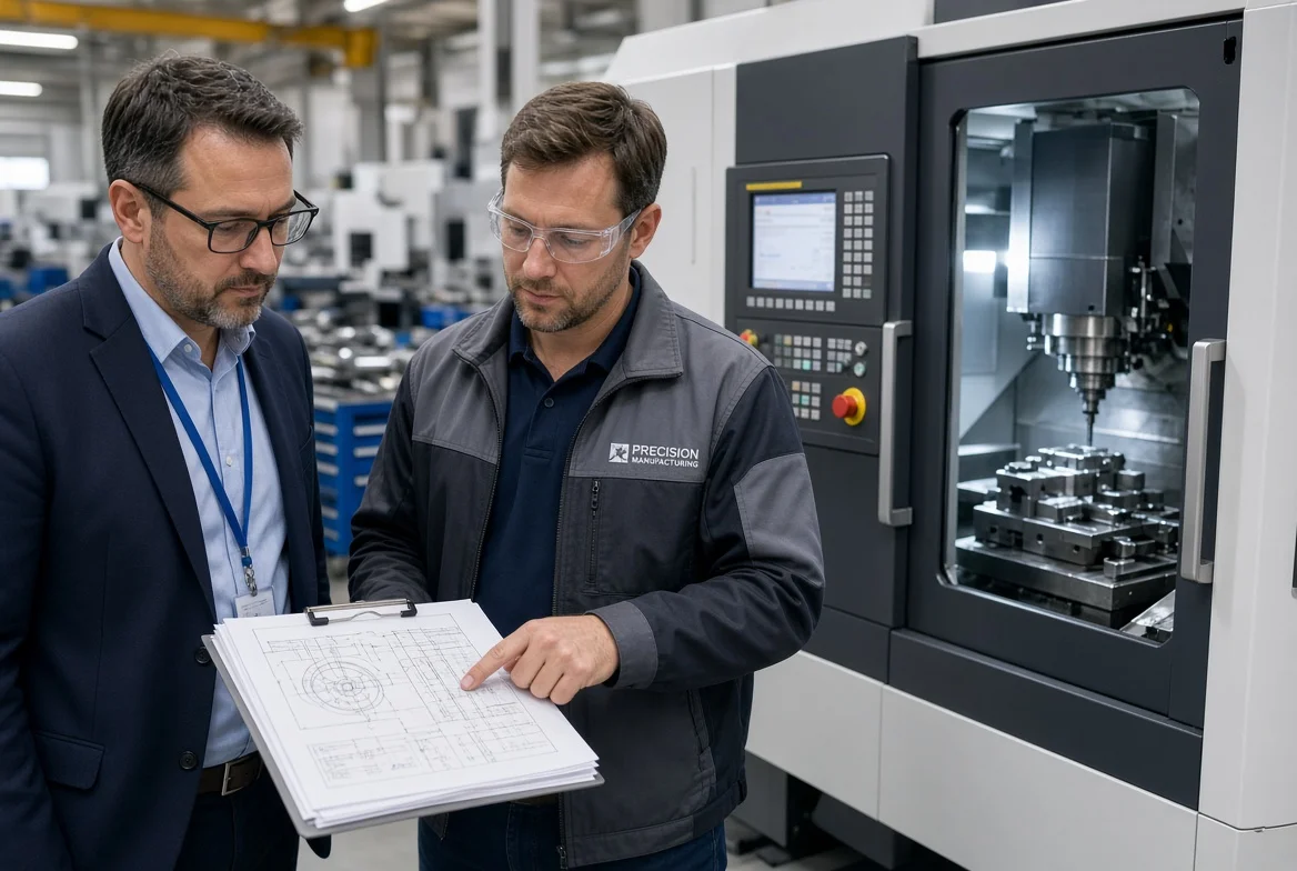 International buyer and factory engineer inspecting a modern CNC machining center with technical drawings during factory evaluation for precision manufacturing capability