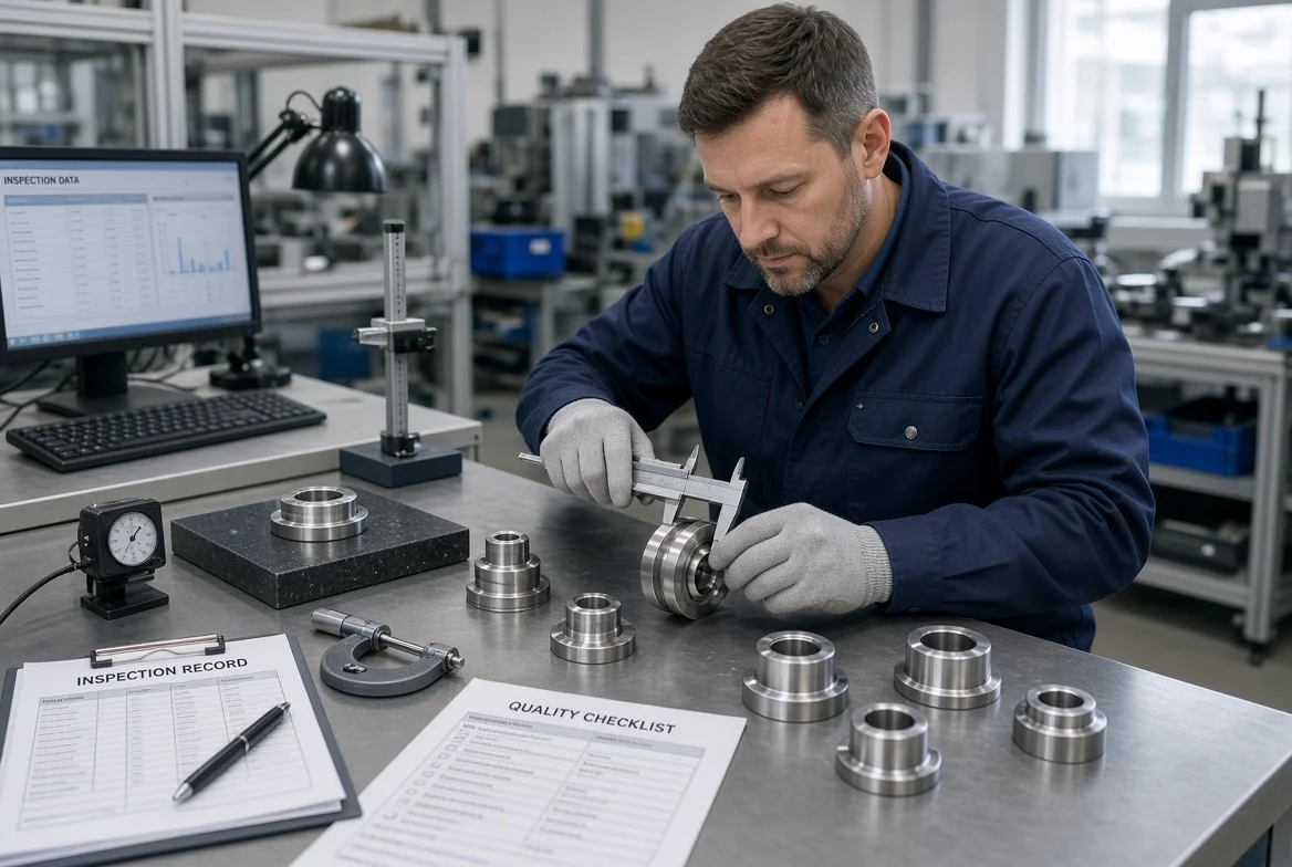 Factory quality control inspector measuring metal components with digital calipers and recording results as part of supplier factory evaluation checklist