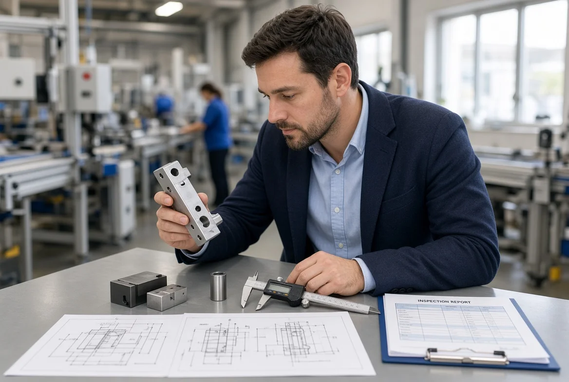 Procurement professional inspecting finished product samples next to drawings and measurement tools during international factory assessment