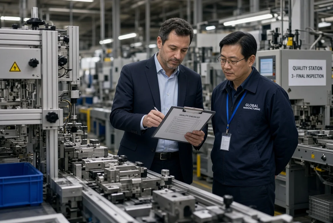 International sourcing professional reviewing production line and quality stations with a structured factory evaluation checklist during an on-site factory assessment for B2B buyers
