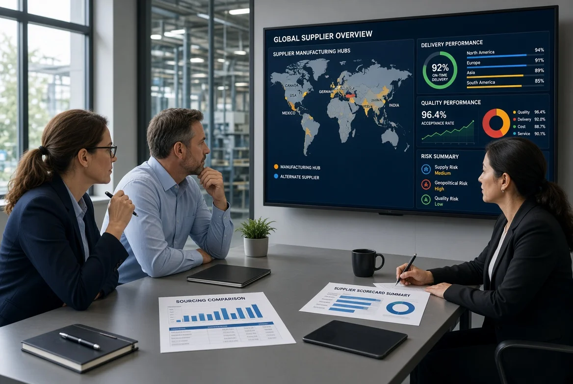 Professional procurement team analyzing a digital multi-country supplier map, quality and delivery dashboards, and printed sourcing comparison charts during a strategy meeting for global supplier sourcing