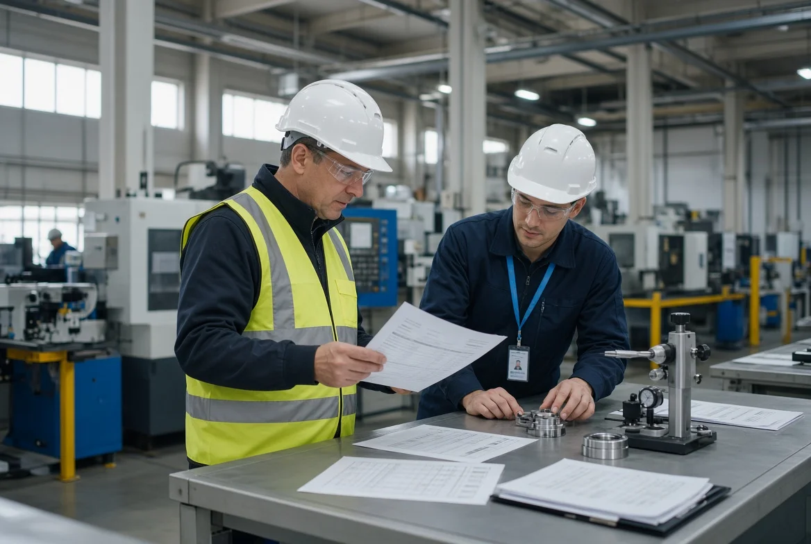 Buyer in safety gear walking a manufacturing floor with a quality engineer, reviewing production equipment, in-process inspection tools, and manufacturing records for global supplier capability verification