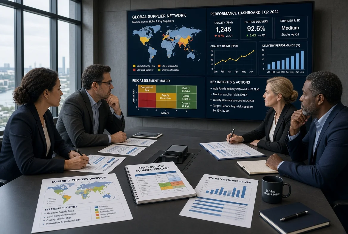 Professional sourcing and leadership team examining digital global supplier maps, performance dashboards, and risk assessment materials in a conference setting focused on designing scalable global supplier sourcing strategies for growing businesses