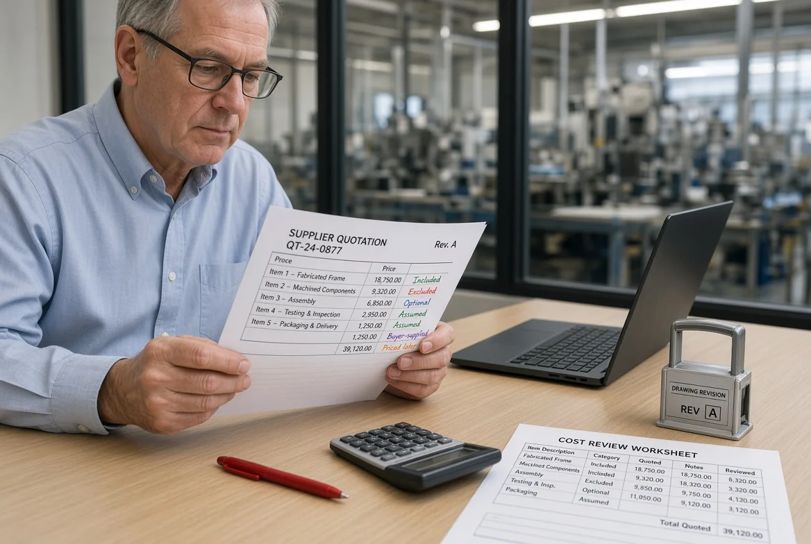 Procurement buyer reviewing a supplier quotation and marking included costs, exclusions, optional items, assumptions, and buyer-supplied responsibilities before ordering.