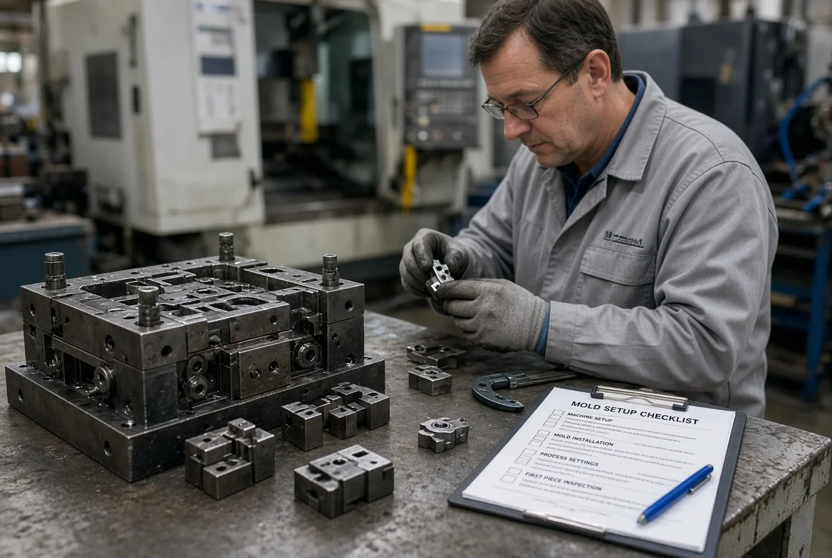 Factory technician inspecting an injection mold, spare inserts, and first-piece parts during a tooling and setup cost review for a manufacturing quotation.