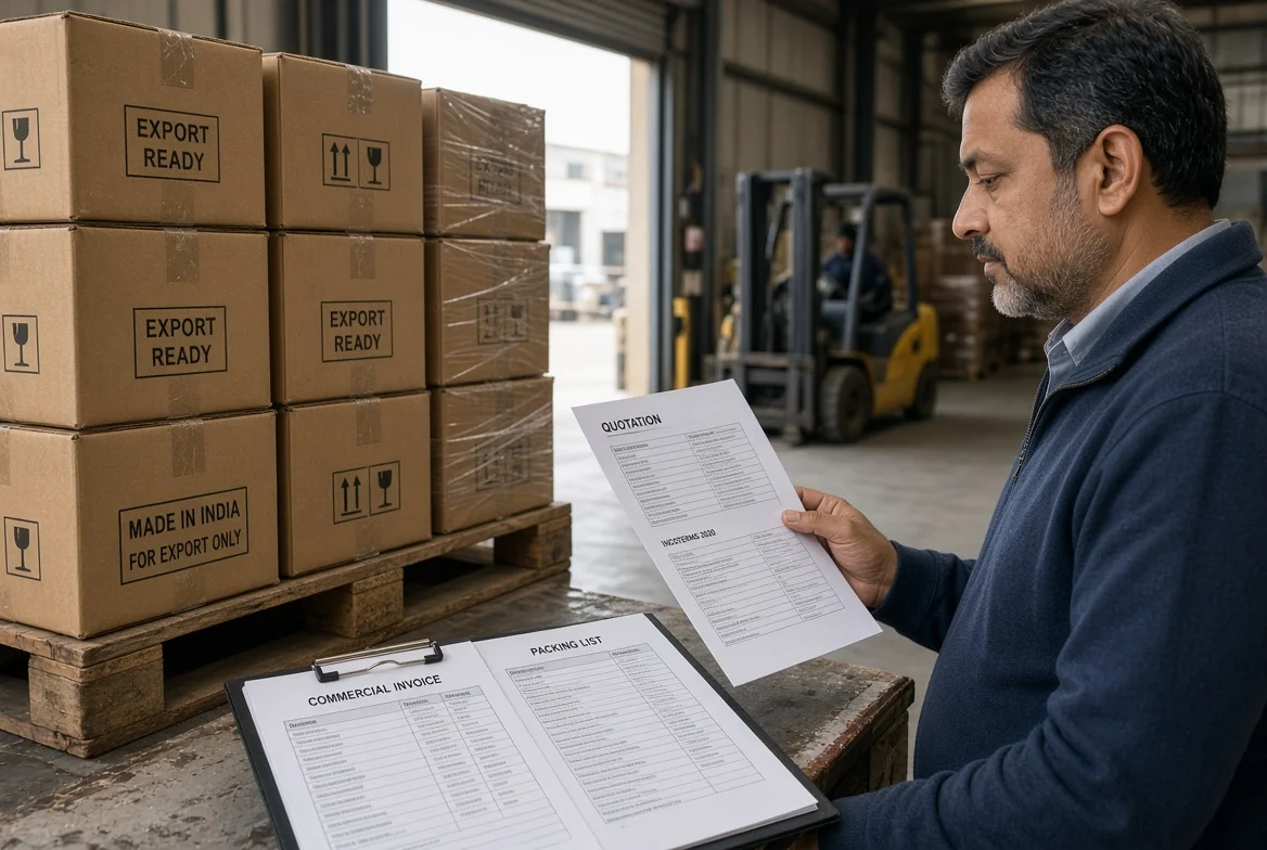 Export-ready cartons on pallets with shipping documents as a buyer reviews freight, Incoterms, customs, and destination charges against a supplier quote.