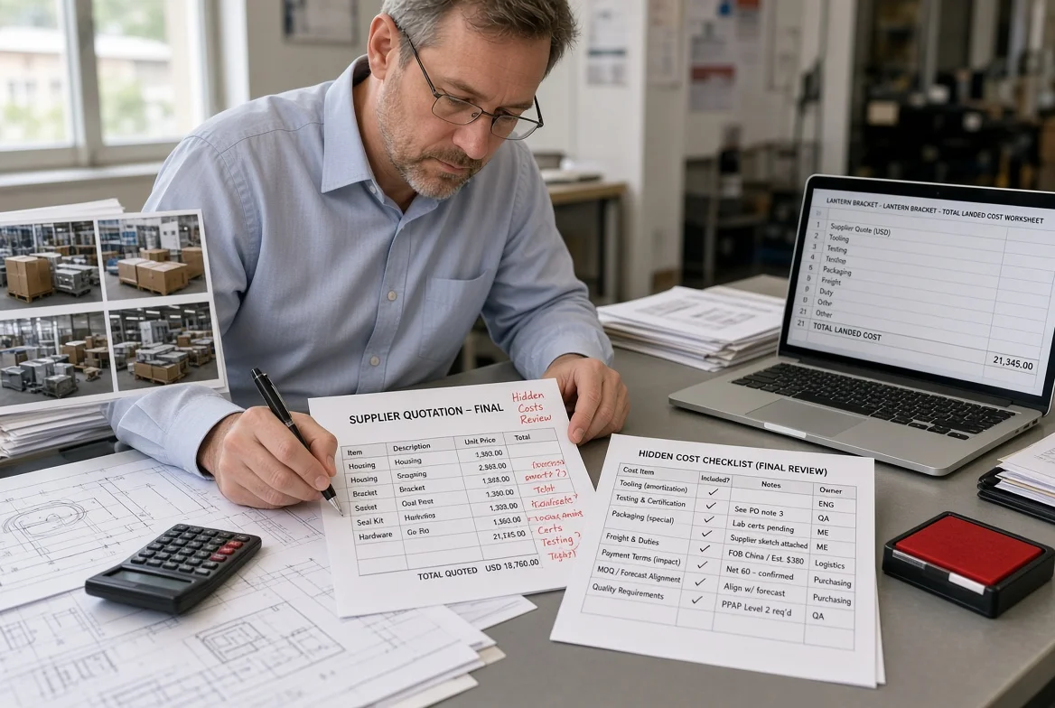 Purchasing manager completing a pre-order hidden-cost checklist covering tooling, testing, packaging, freight, payment, MOQ, and quality notes on a supplier quotation.