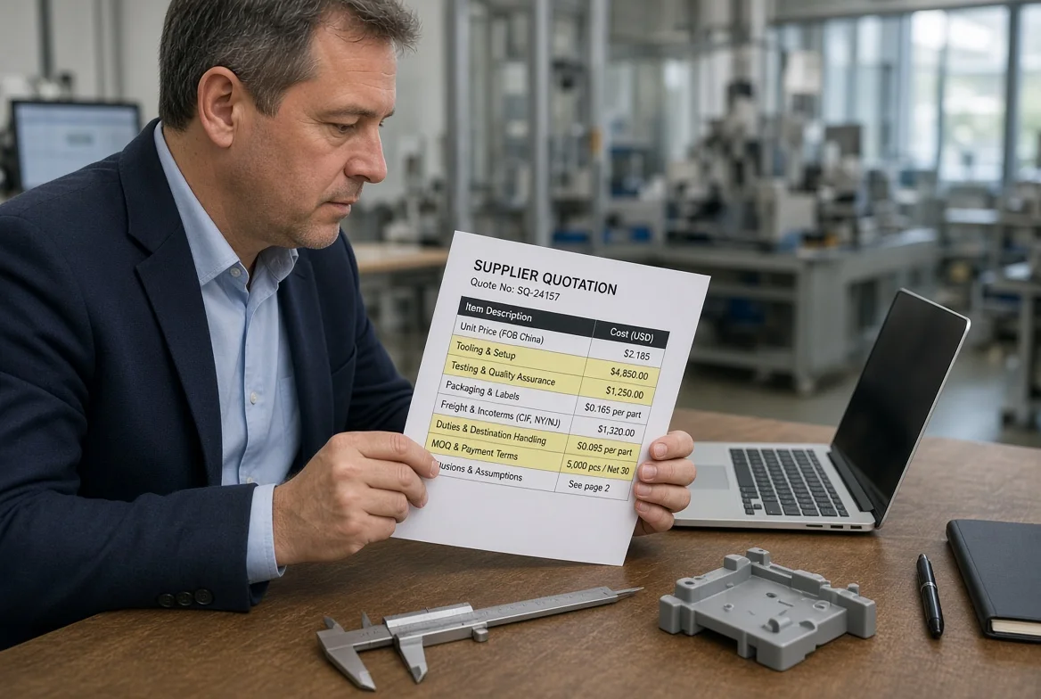 Procurement professional reviewing a supplier quotation for hidden costs before ordering, with notes on tooling, testing, packaging, freight, duties, MOQ, payment terms, exclusions, and quality exposure.