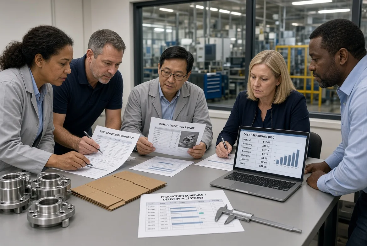 Procurement, quality, and production managers reviewing supplier quotations, inspection results, and delivery schedules in a factory planning room