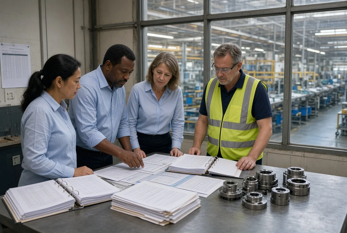 Procurement and operations managers in a manufacturing plant planning office review printed BOM sheets, production schedules, inventory reports, and supplier files with an assembly floor visible through the windows.