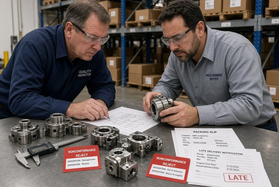 Quality and procurement staff inspect rejected production parts on a metal table while reviewing late-delivery paperwork and shortage records in a manufacturing incoming-inspection area.