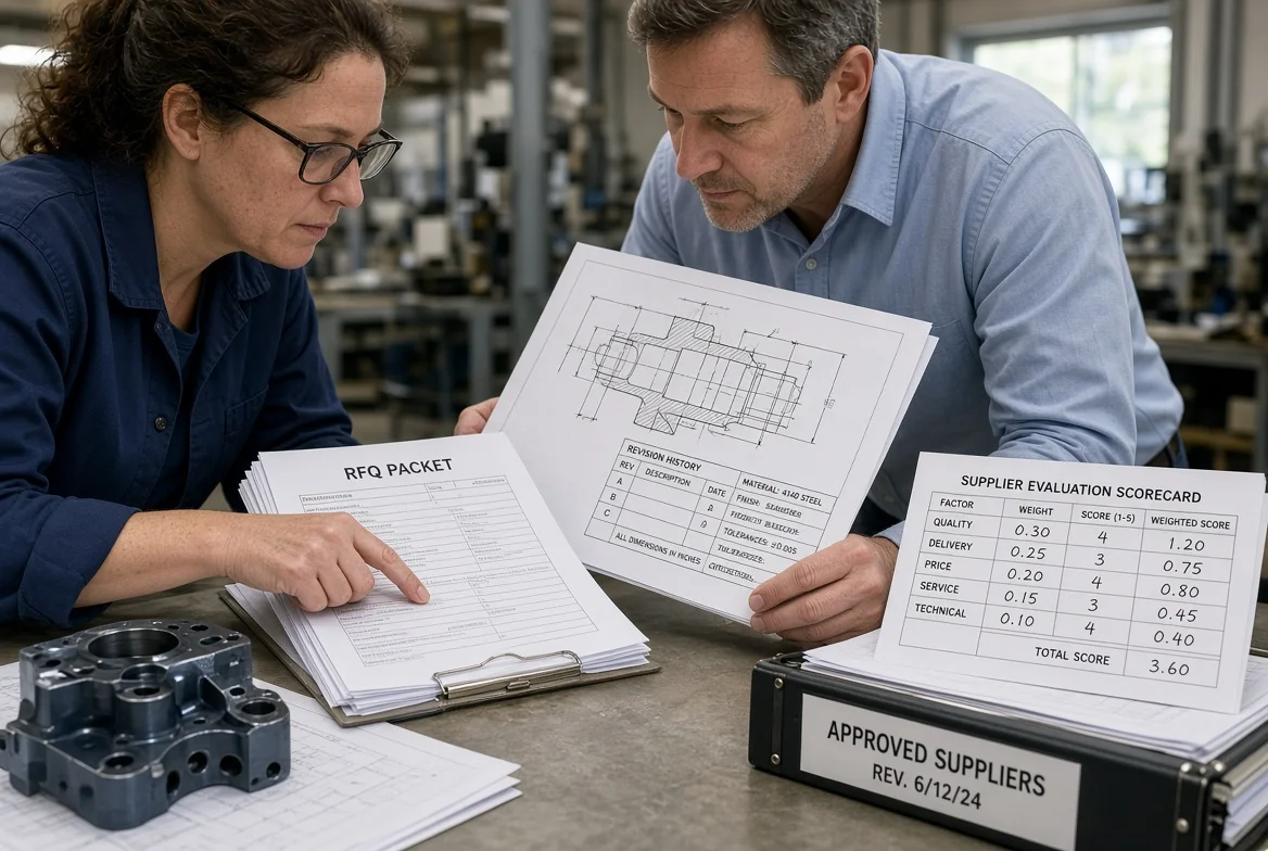 A manufacturing buyer and process engineer compare a category RFQ packet, a controlled engineering drawing, and a printed supplier evaluation scorecard at a desk beside production documentation.