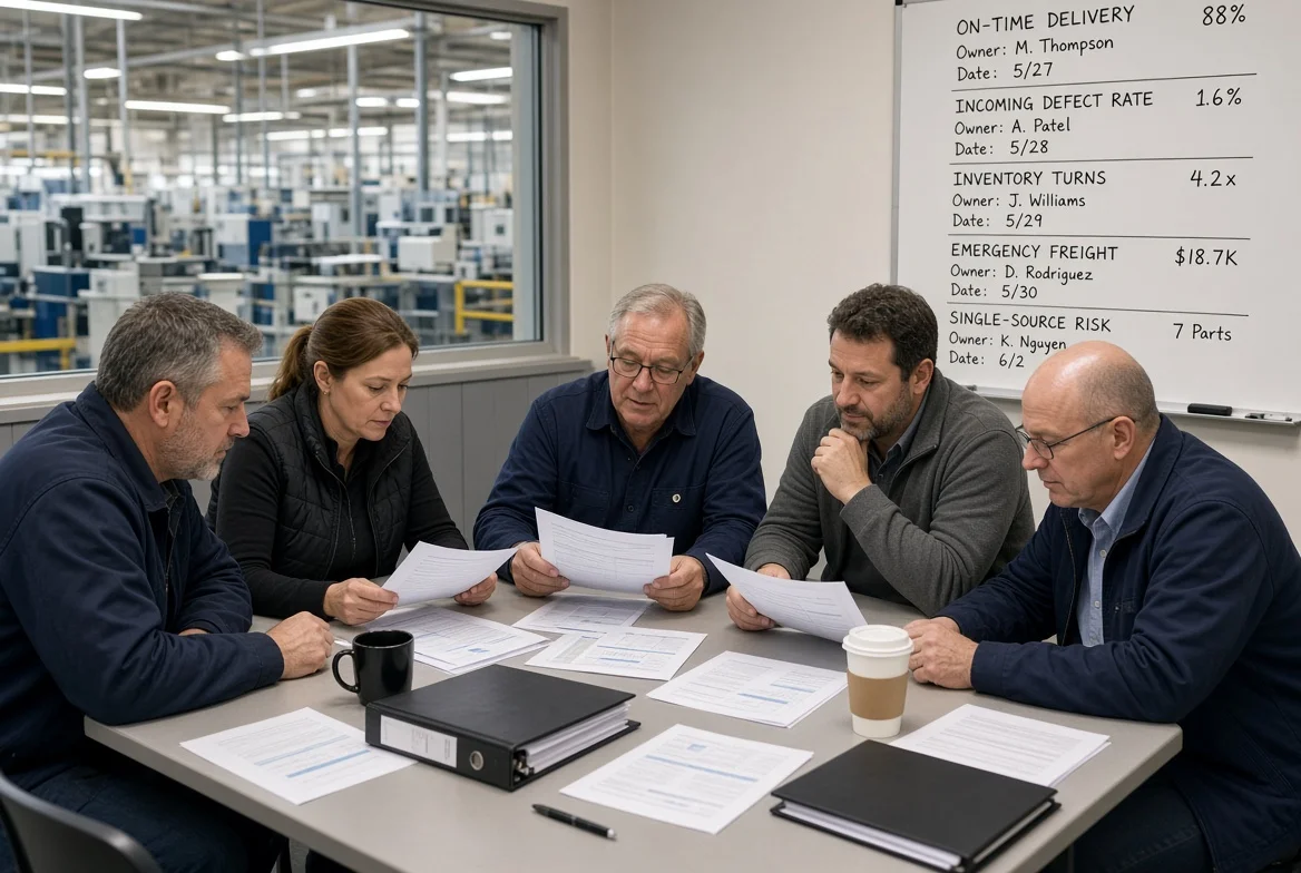 Plant leaders review printed reports and a whiteboard of procurement KPIs covering cost, quality, on-time delivery, inventory, and supplier risk in a factory meeting room.