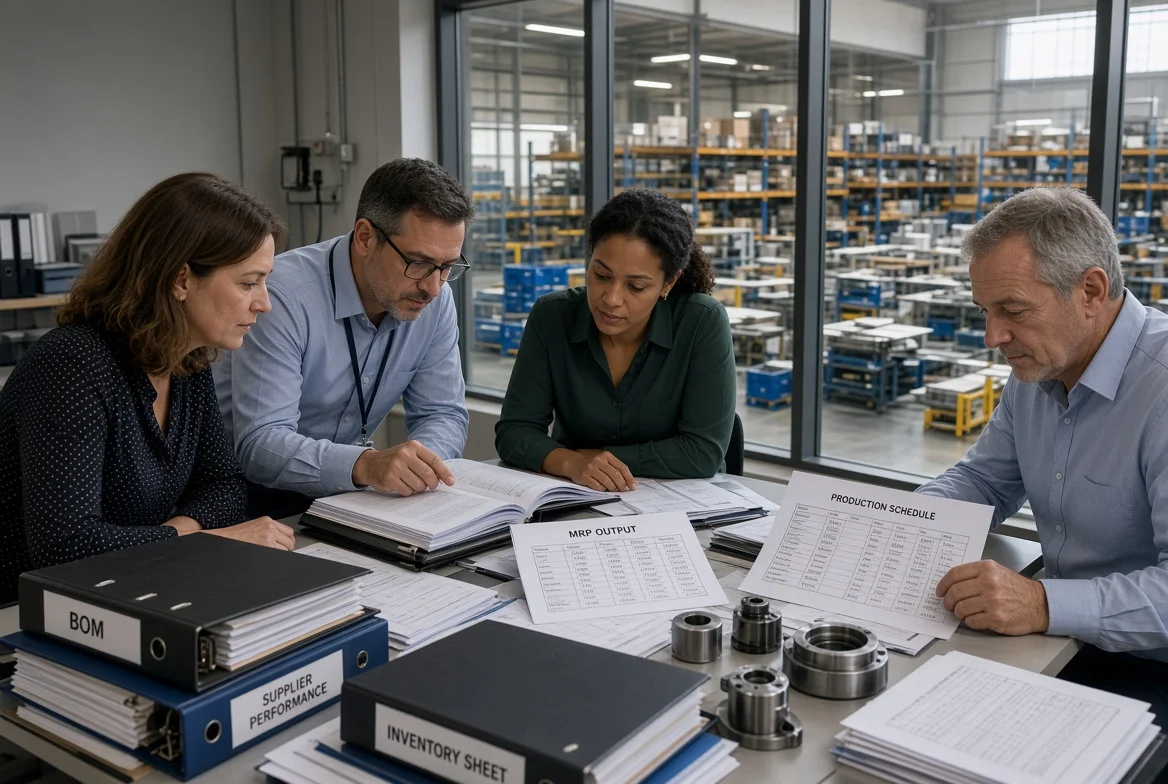 Procurement and operations team in a factory planning office review BOM data, MRP requirements, supplier records, inventory sheets, and production schedules, with an assembly floor and warehouse visible behind them.