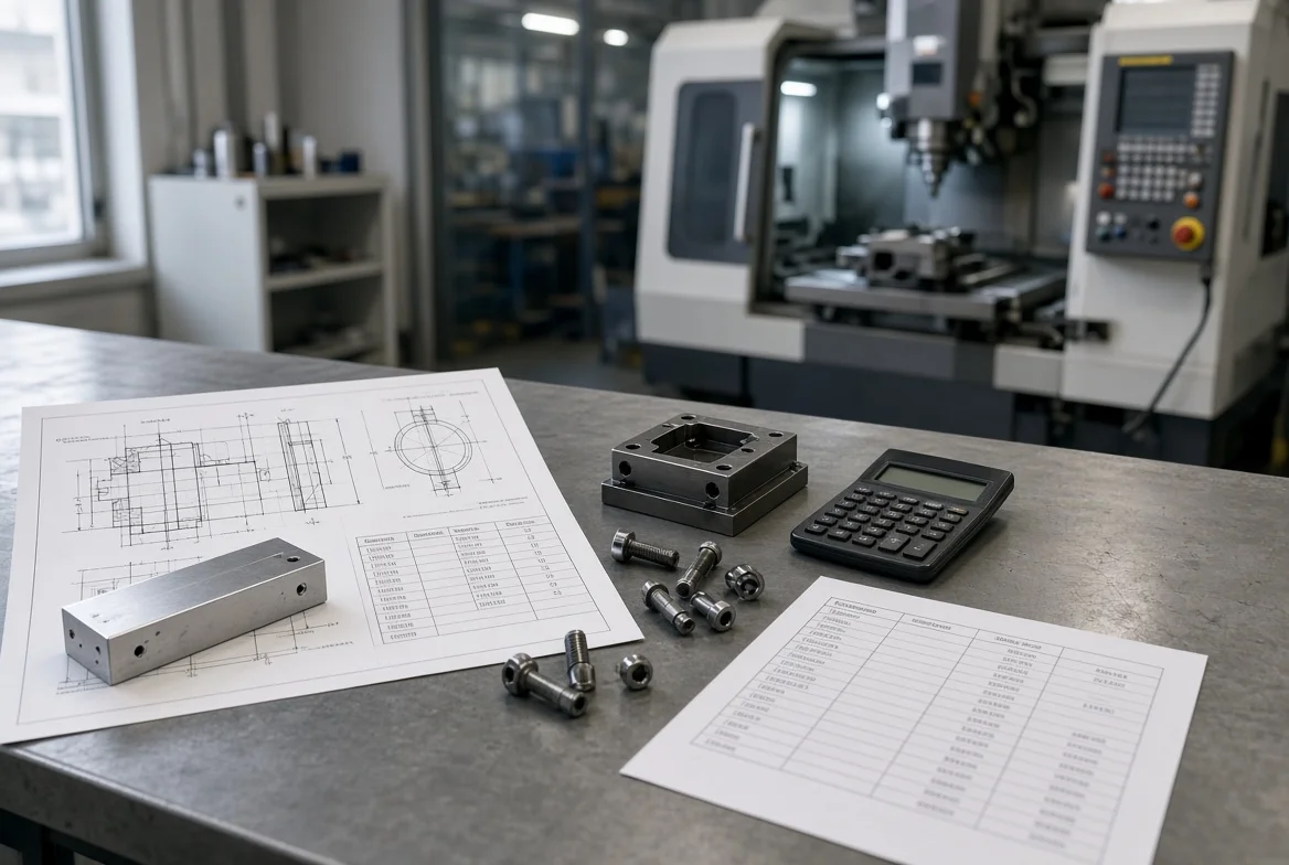 Technical drawing, bill of materials, metal stock, fixture, and supplier quotation on an engineering table showing how factory costs become product pricing