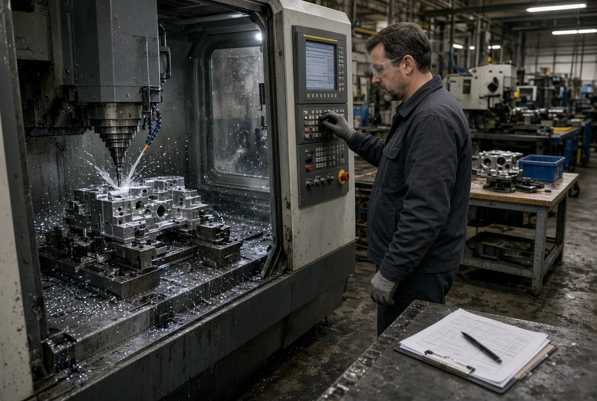CNC machining setup with fixture, operator, and process traveler illustrating labor and machine-time cost in a manufacturing quote