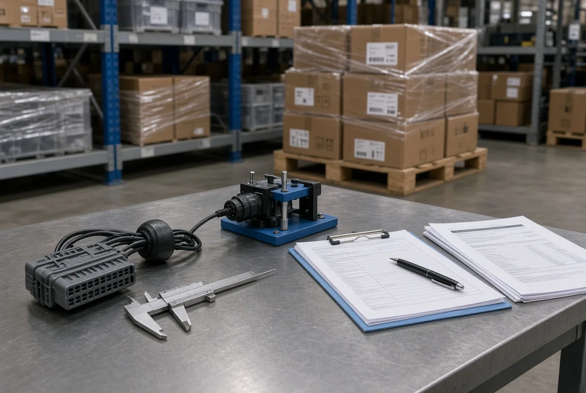 Inspection tools, tested parts, export cartons, and shipping documents showing quality, packaging, and logistics costs in supplier pricing
