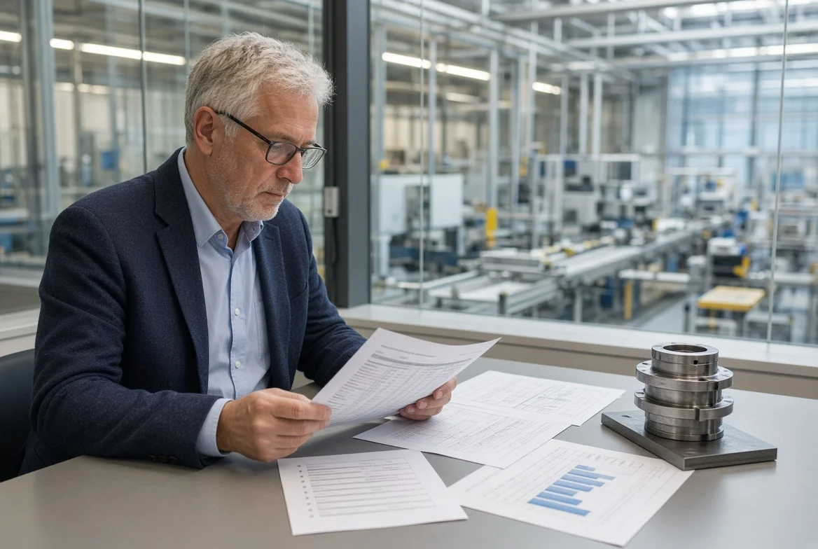 Procurement manager comparing a supplier quotation, part sample, drawing, and volume notes while checking manufacturing pricing drivers