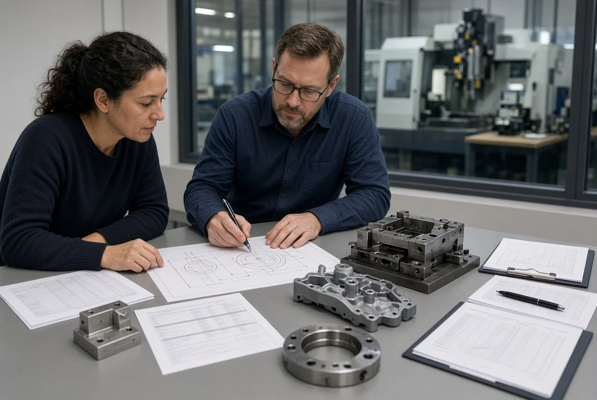 Procurement and engineering team studying a supplier quotation with drawings, BOM, materials, tooling, volume schedule, and quality notes in a manufacturing workspace