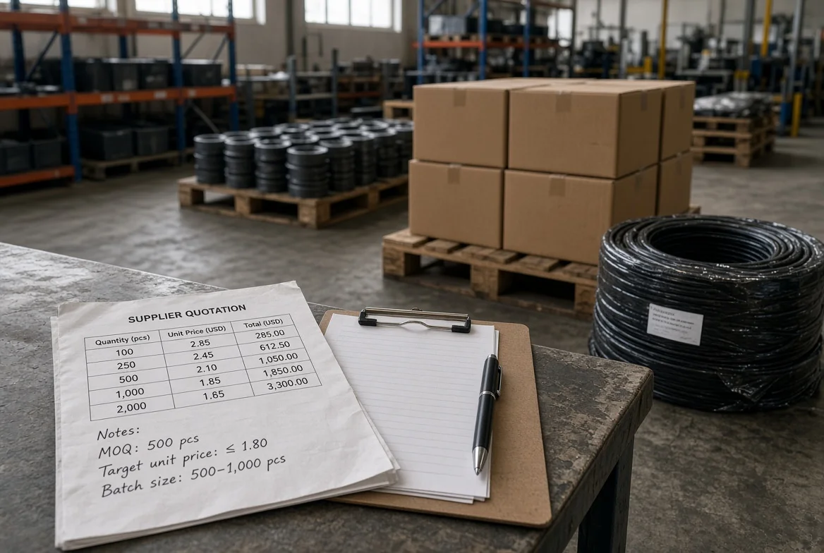 Manufacturing quotation with MOQ and quantity-break notes on a factory desk next to palletized parts, cable or resin material, and a production batch showing how minimum order quantity links supplier economics to buyer purchasing decisions