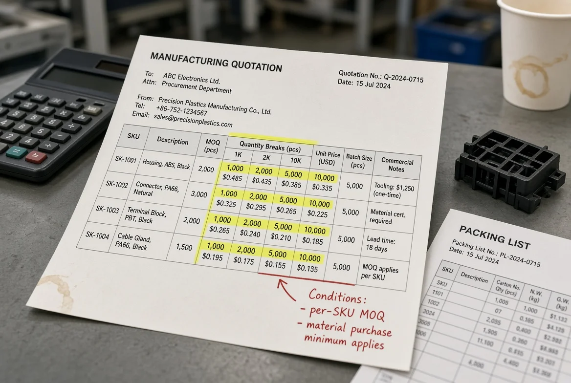 Printed manufacturing quotation with highlighted MOQ, price-break quantities, SKU batch sizes, and commercial notes for per-SKU and material-purchase minimums during supplier quote review