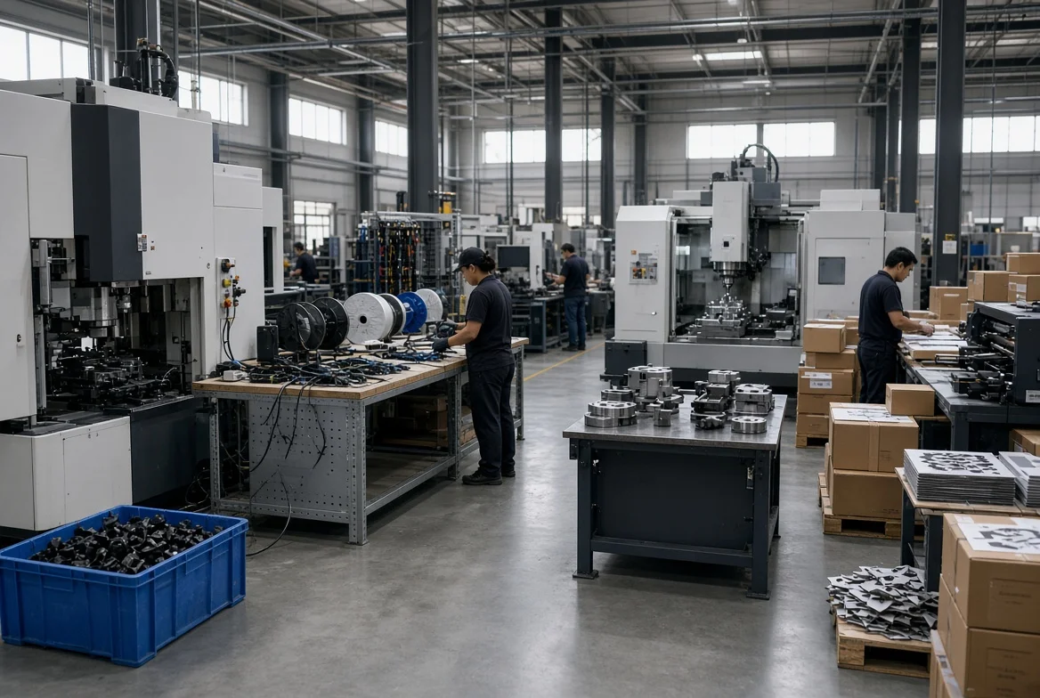 Factory floor showing injection molding, cable assembly, CNC machining, and printed packaging work cells with different batch sizes to illustrate how minimum order quantity changes by manufacturing process