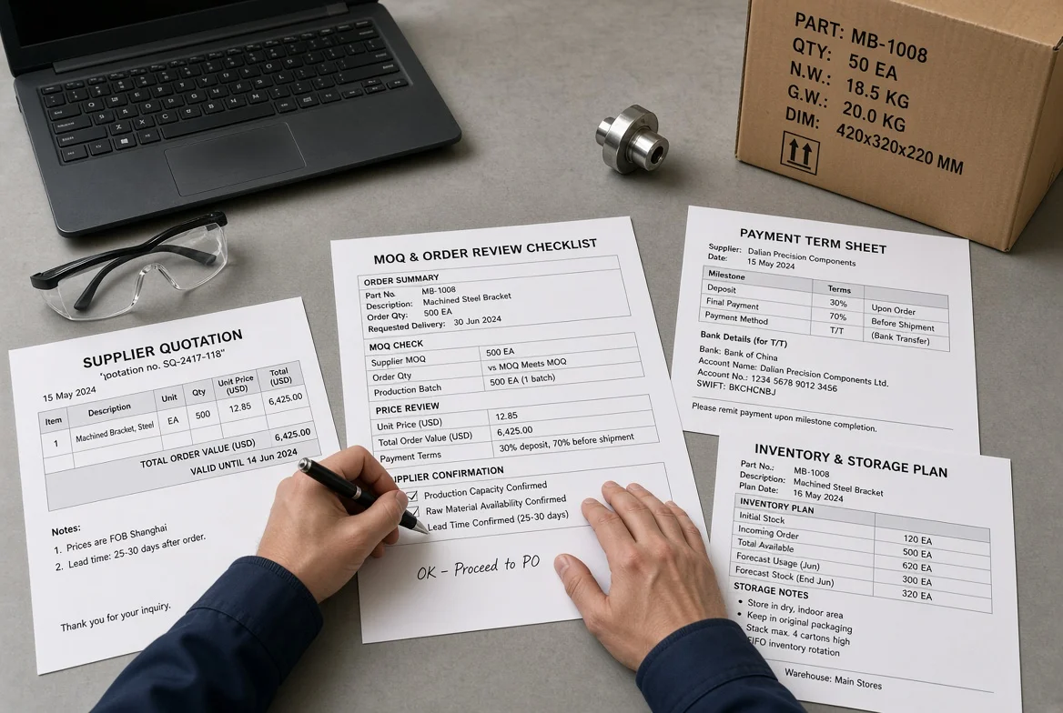 Procurement and inventory-planning team reviewing a supplier quotation with MOQ and price-break schedules beside production-batch, inventory, tooling, and cash-flow documents in a factory meeting room overlooking warehouse pallets