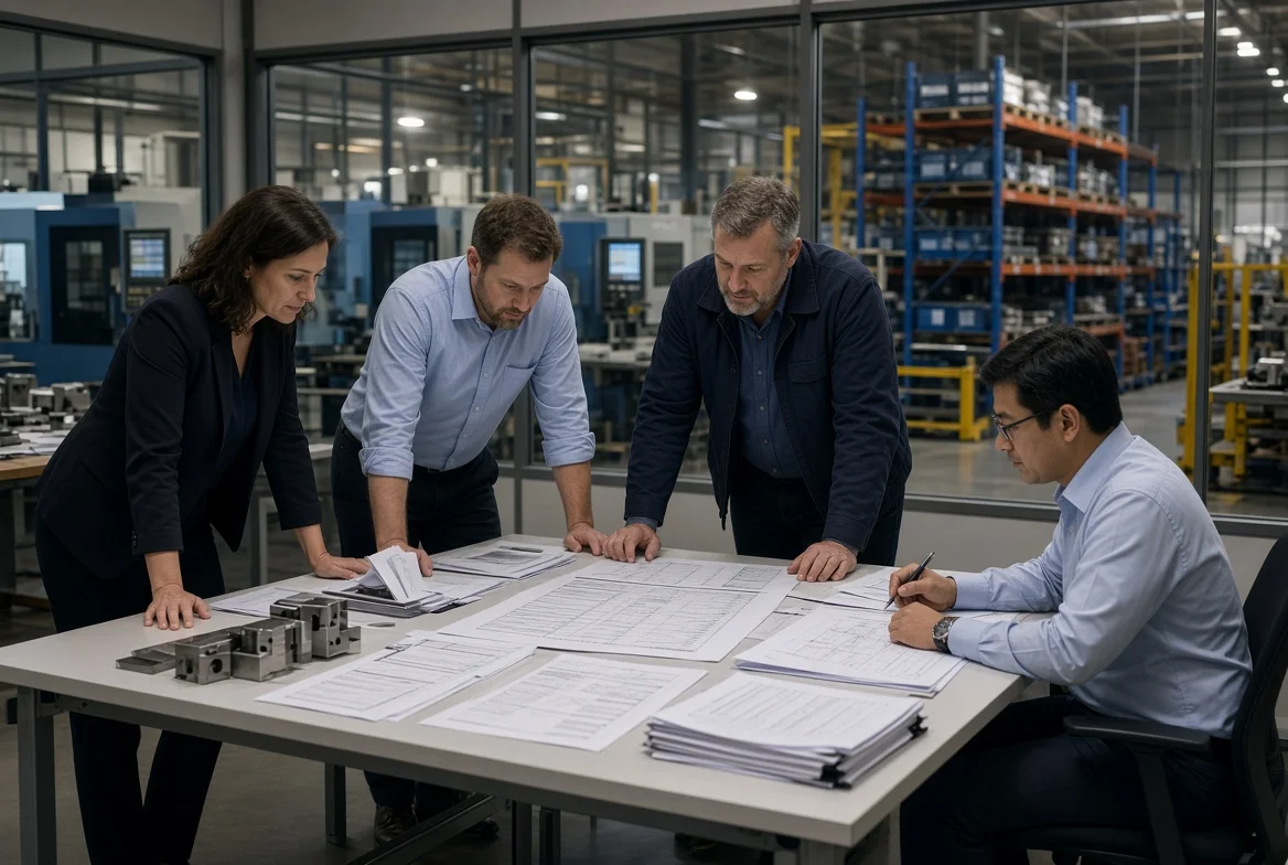 Manufacturing procurement professionals compare BOM cost, supplier quotations, quality data, and inventory figures at a conference table beside a production floor.