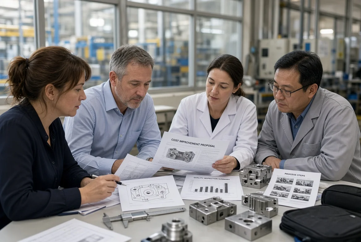Procurement managers and supplier engineers review a cost-improvement proposal, quality data, and process steps for a custom manufactured component without changing agreed quality requirements.
