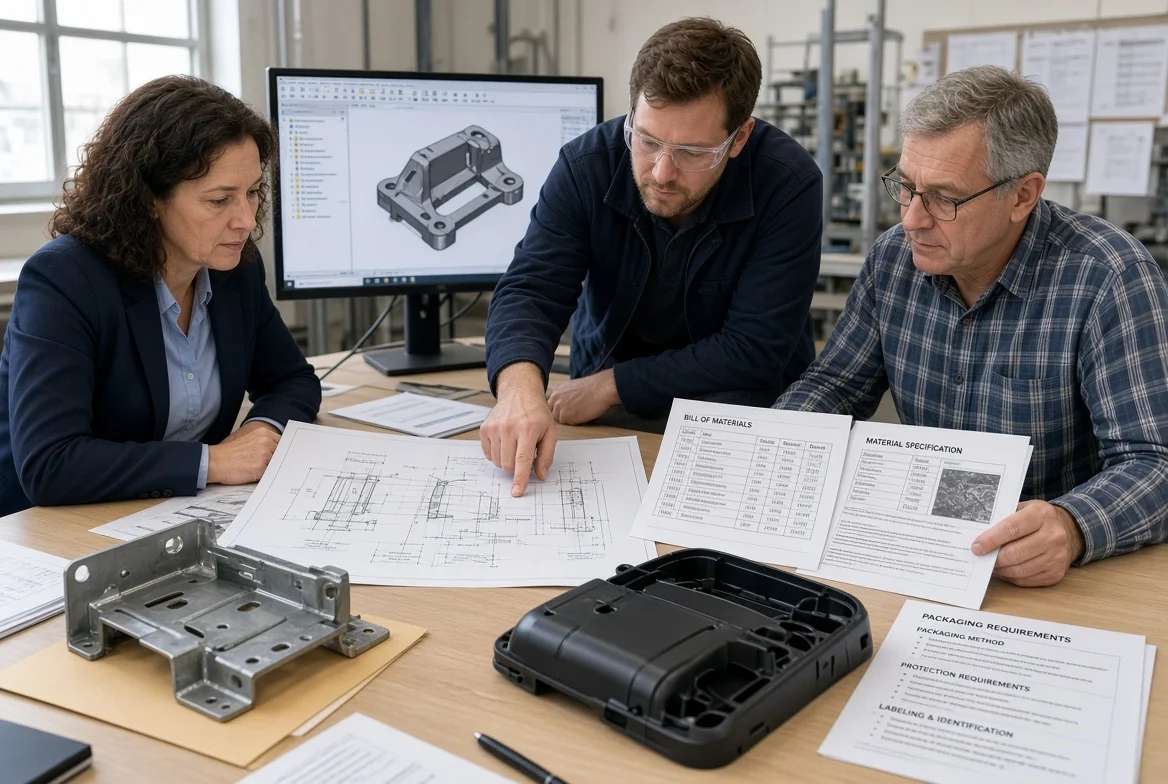 Procurement and engineering professionals review a drawing, bill of materials, material specification, and packaging requirement to reduce supplier cost through clearer specifications.