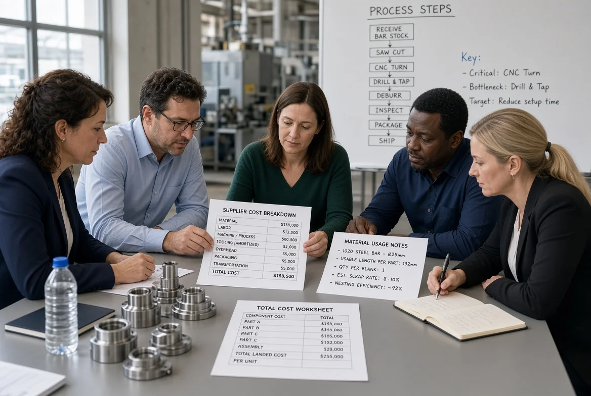Procurement, finance, engineering, and a supplier representative examine a manufacturing cost breakdown, material usage, and total-cost assumptions before negotiating price.