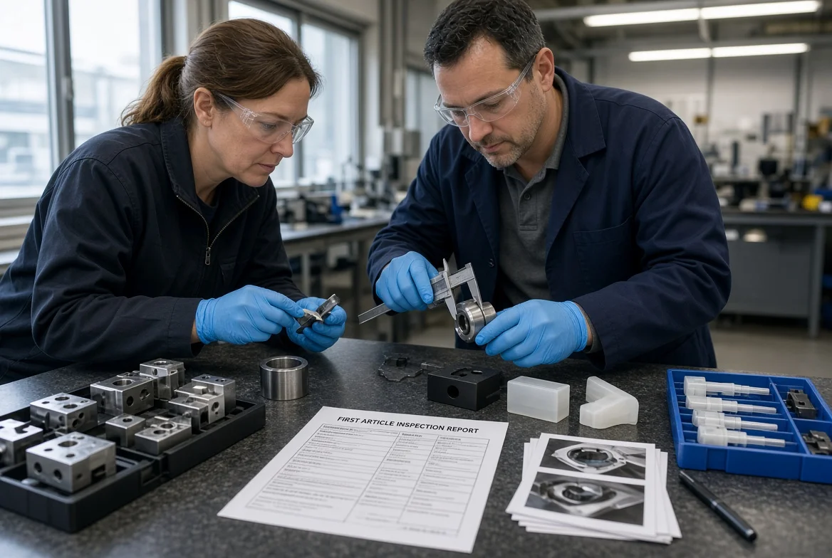 A quality engineer and supplier technician inspect custom parts, gauges, and first-article records to reduce cost of poor quality without weakening quality requirements.