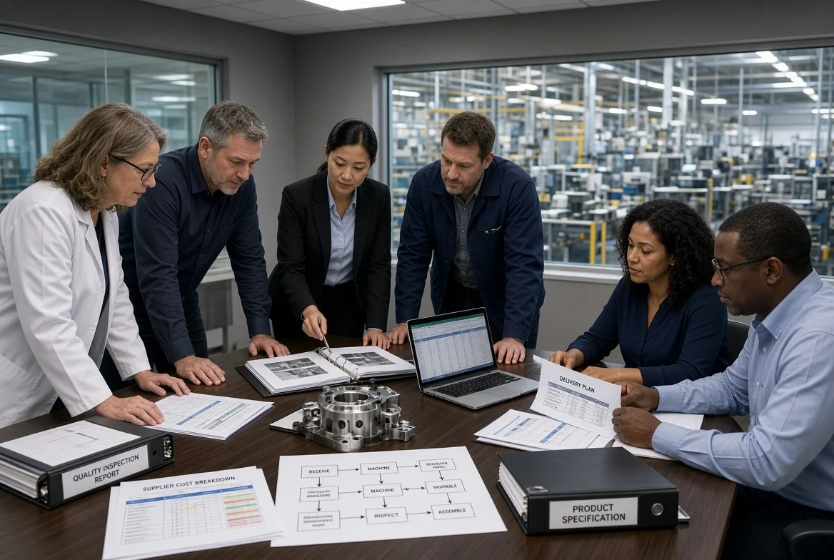 Procurement, engineering, quality, and supplier professionals review cost breakdowns, specifications, process steps, and quality data in a manufacturing setting to reduce supplier costs without sacrificing quality.