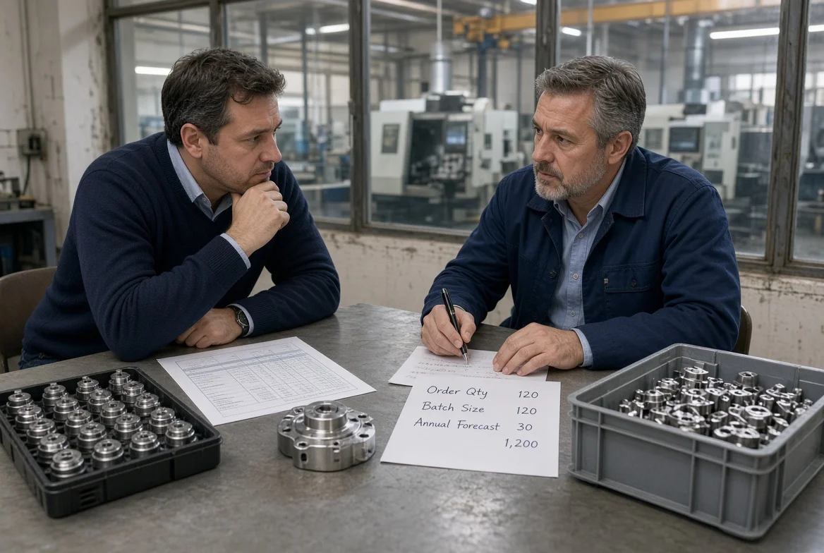 Buyer and factory engineer reviewing a manufacturing quote with a prototype part, pilot tray, production tote, and notes on order quantity, batch size, and annual forecast