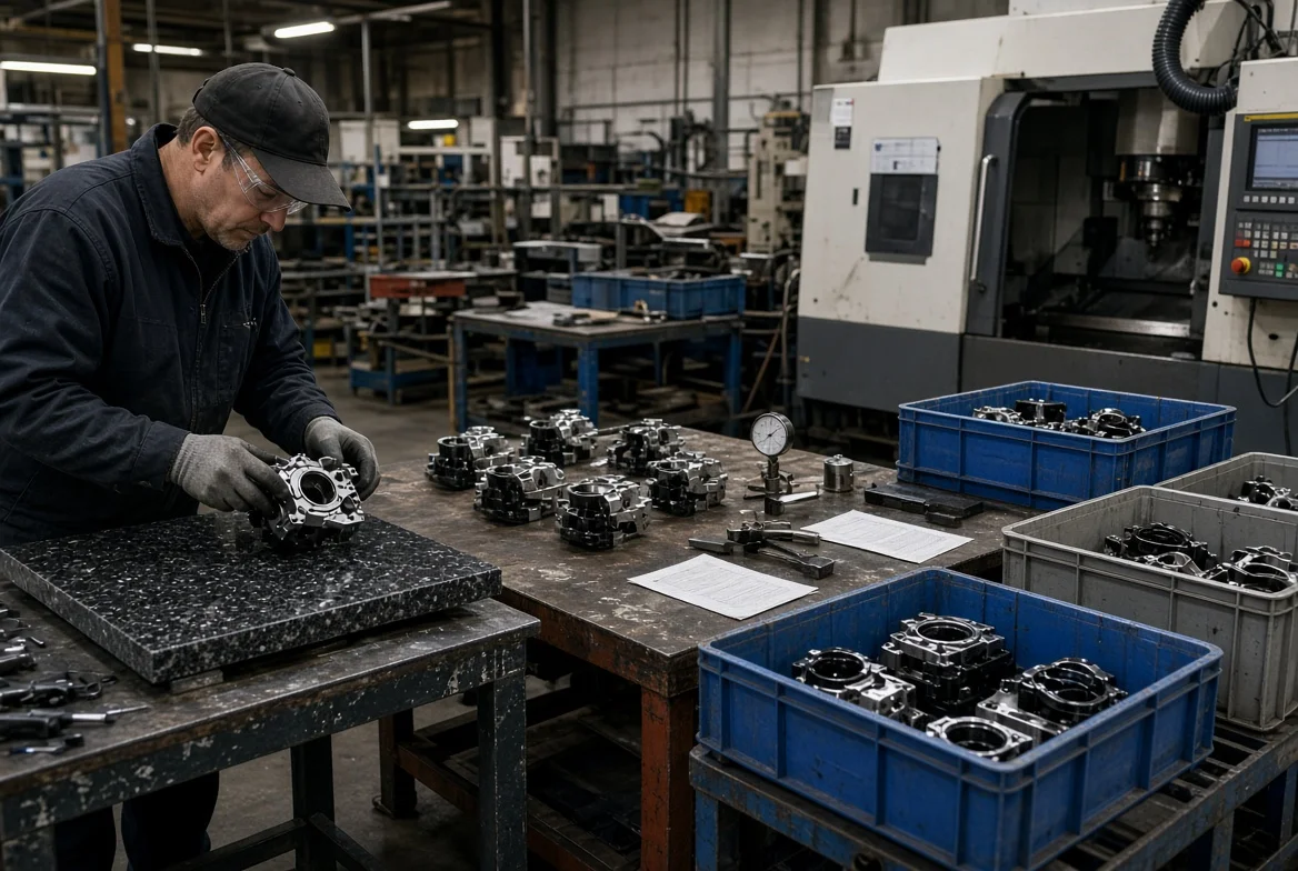 Workshop view of the same industrial component as a single prototype, a small pilot batch under inspection, and bins of finished production parts
