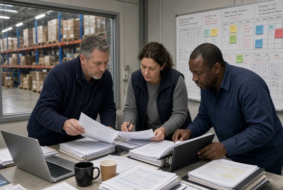 Buyers checking quantity tiers, inventory notes, and supplier quotations in a factory planning room next to a warehouse aisle