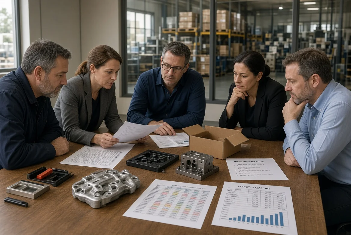 Buyers and planners comparing prototype, pilot, and mass-production quantities with unit-price tiers, tooling, MOQ, inventory, capacity, and lead-time documents in a factory meeting room