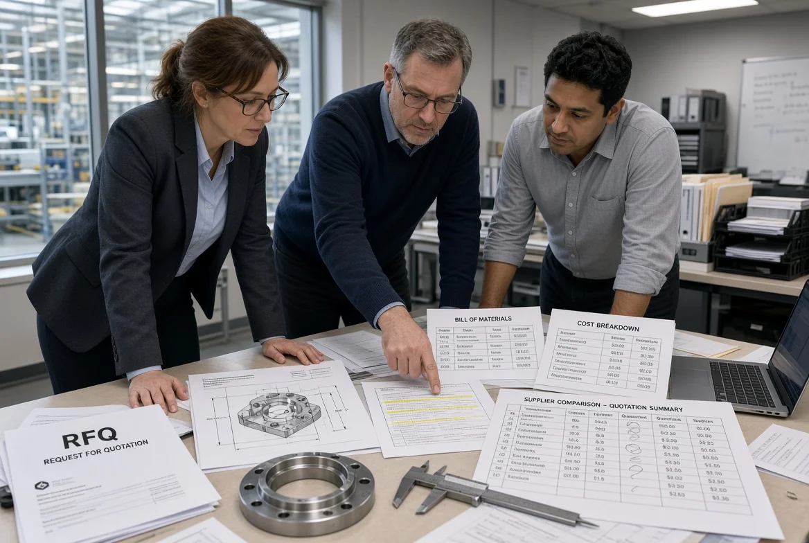 Procurement team reviewing supplier quotations against an RFQ and technical drawing Procurement team comparing multiple supplier quotation sheets with an RFQ, machined-part drawing, and comparison worksheet in a professional sourcing meeting
